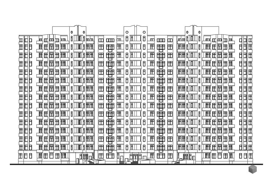 Фасад житлового комплексу Еврика з численними балконами та вікнами. Будинок має симетричну структуру з виступаючими центральними та бічними секціями.
