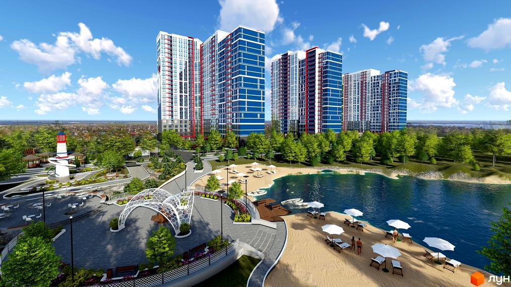 Житловий комплекс Причал 8 - це сучасна новобудова з високими будинками та блакитними фасадами, розташована біля водойми з пляжем та парковою зоною.