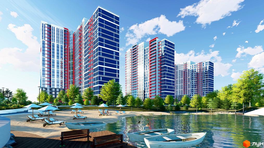 Житловий комплекс Причал 8 з синіми та білими фасадами, червоними елементами та прибудинковою територією з пляжем, човнами та зеленню.