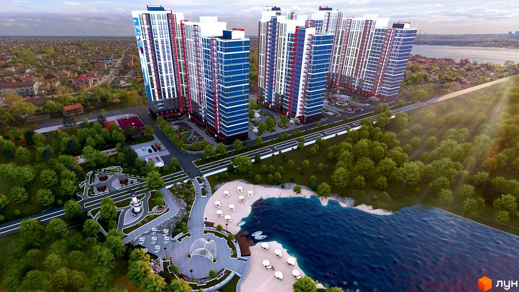 Житловий комплекс Причал 8 - це сучасні висотні будинки з синіми та білими фасадами, розташовані біля води з піщаним пляжем та зонами відпочинку.