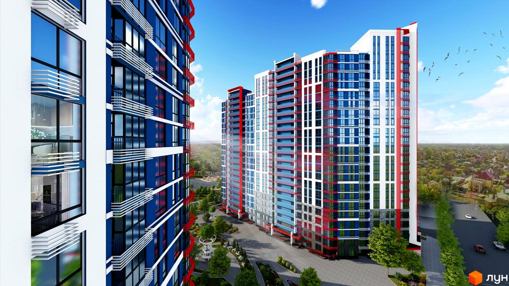 Зовнішній вигляд ЖК Причал 8 з синіми та білими фасадами, червоними акцентами та скляними балконами. Навколо комплексу зелена прибудинкова територія з деревами та доріжками.