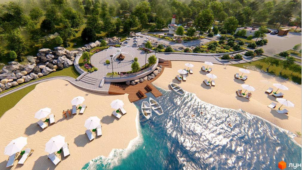 Житловий комплекс Причал 8 - це сучасний проєкт з пляжною зоною, лежаками, парасольками та човнами біля води. Територія комплексу озеленена деревами та має зручні зони відпочинку.