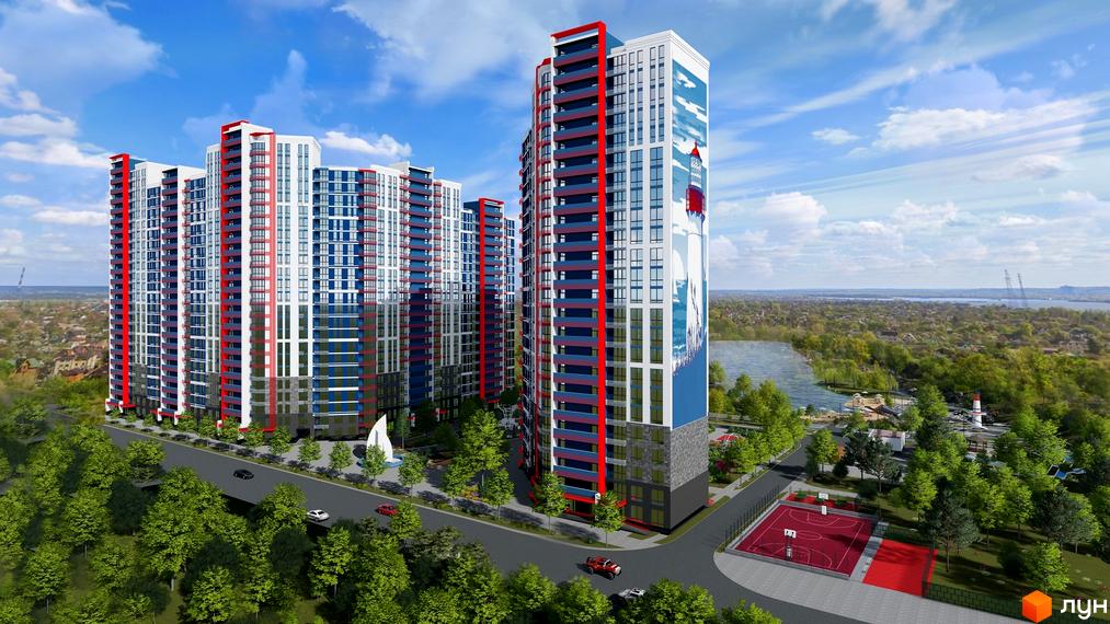 Житловий комплекс Причал 8 з червоними та синіми елементами на фасаді та баскетбольним майданчиком поруч. Навколо комплексу зелені дерева та водойма.