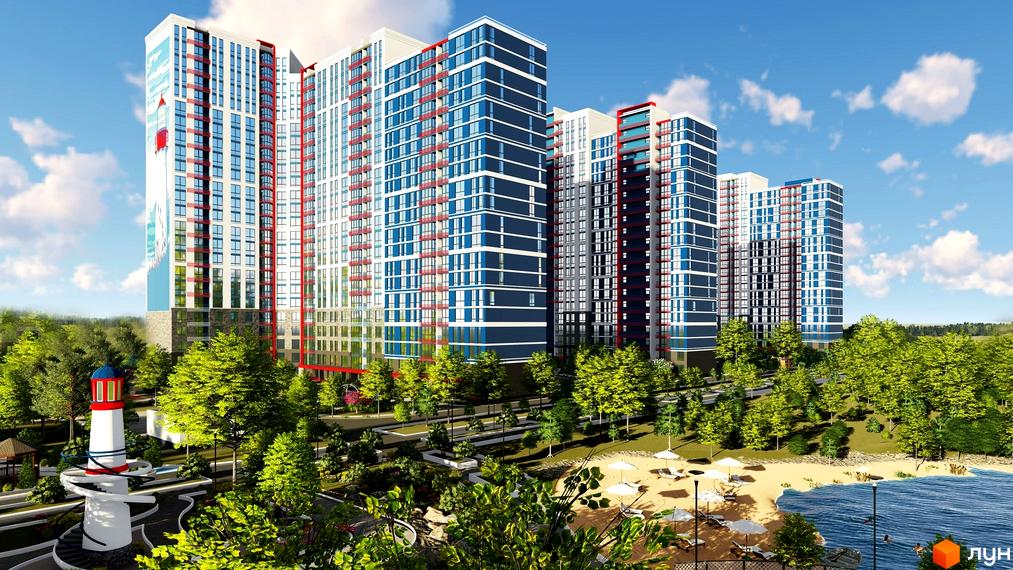 Житловий комплекс Причал 8 - це висотні будинки з блакитними та білими фасадами, що розташовані біля водойми з піщаним пляжем та зеленою зоною відпочинку.