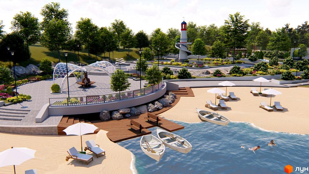 Житловий комплекс Причал 8. Набережна з альтанкою, пляжем, парасольками, шезлонгами та човнами на воді.