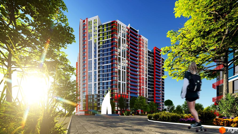 Житловий комплекс Причал 8 - багатоповерховий будинок з червоними та білими фасадами, скляними балконами та прибудинковою територією з деревами та пішохідною зоною.