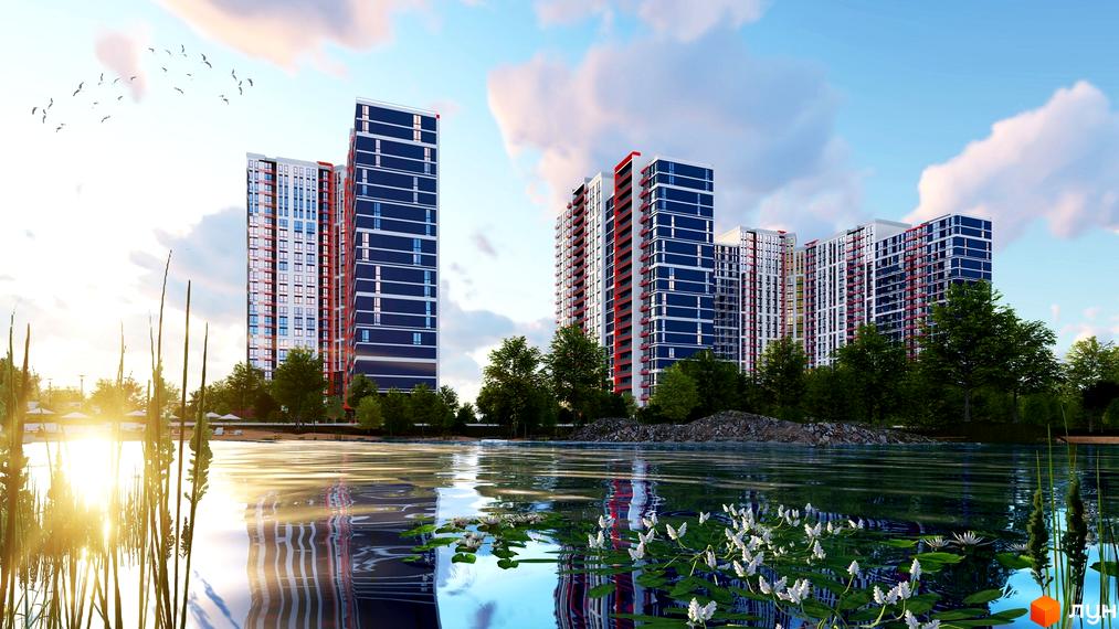 Житловий комплекс Причал 8 з сучасними фасадами та мальовничим озером з водними ліліями. Навколо комплексу зелені дерева та хмарне небо.