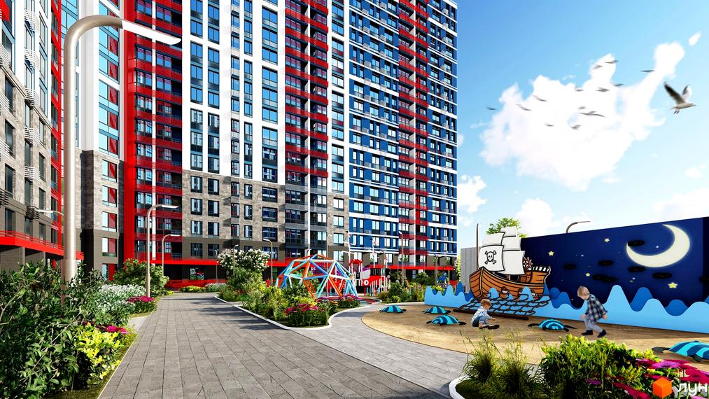 Житловий комплекс Причал 8 з яскравим дитячим майданчиком та зеленими зонами. Сучасна архітектура та зручна прибудинкова територія для відпочинку.