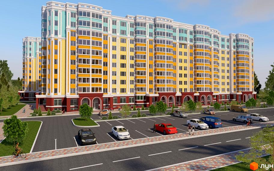 Житловий комплекс Сонячна Оселя: багатоповерховий будинок з жовто-помаранчевим фасадом та блакитними елементами. Перед ним паркінг та зелені насадження.