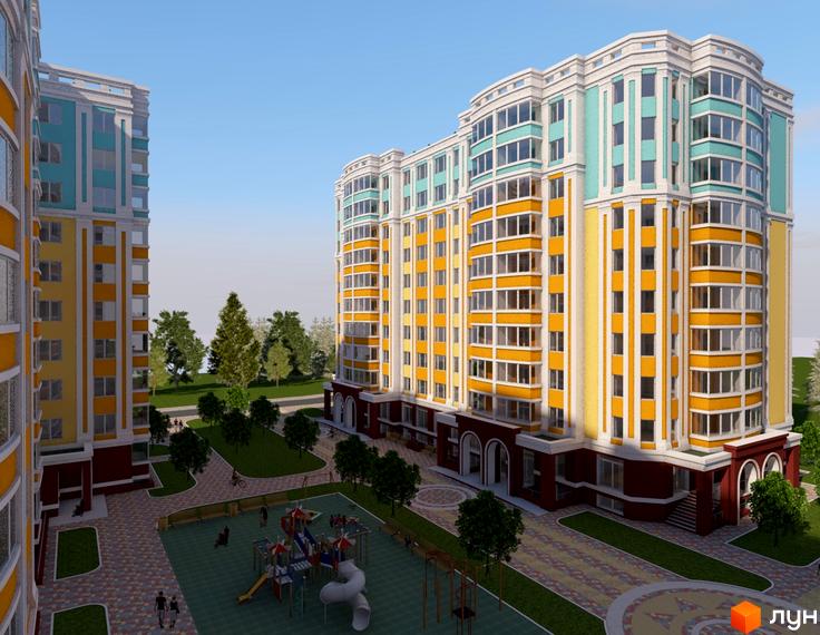 Житловий комплекс Сонячна Оселя: багатоповерхові будинки з жовтими, бірюзовими та білими фасадами, вигнутими формами. На території є дитячий майданчик та зелені зони.