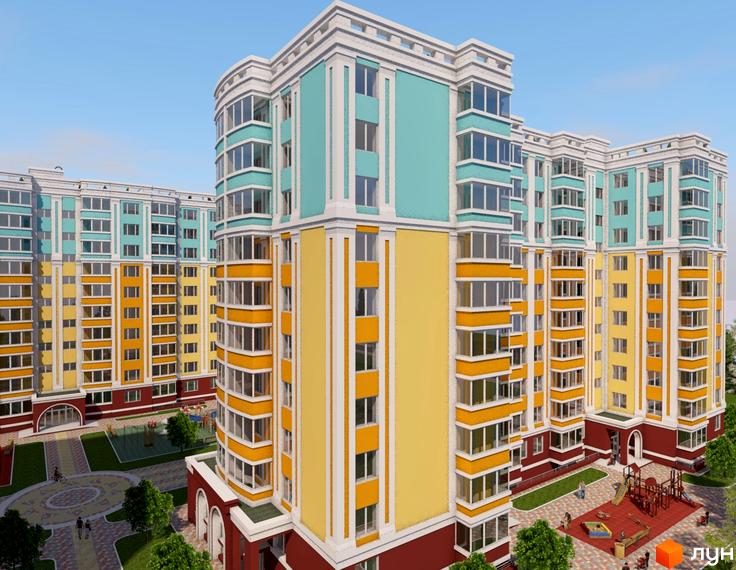 Новобудова Сонячна Оселя: багатоповерхові будинки з фасадами жовтого, бірюзового та темно-червоного кольорів, прикрашені білими елементами. Впорядкована територія має дитячі майданчики та доріжки.