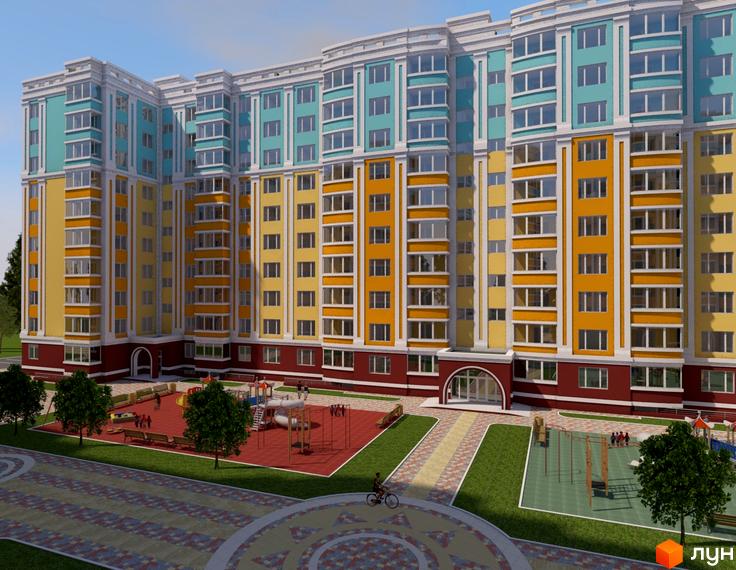 Житловий комплекс Сонячна Оселя: багатоповерховий будинок з жовто-помаранчевими та бірюзовими фасадами. На території дитячий майданчик та алеї.