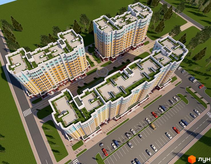 Житловий комплекс Сонячна Оселя: аерофото будівель з багатоповерховими фасадами світлих тонів та зеленими дахами, оточених дорогами, парковкою та зеленою зоною.