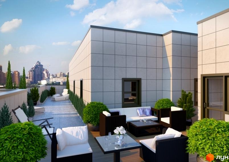 Клубний будинок „Патріарх Холл“ з терасою на даху. На території будинку розташовані зони відпочинку з меблями та зеленню, що створюють атмосферу комфорту.