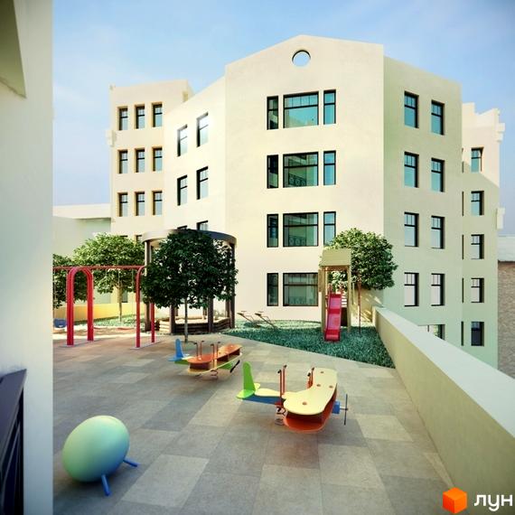 Житловий комплекс з дитячим майданчиком. Архітектура будівлі з великими вікнами та світлими фасадами. На території є гойдалки, гірка та інші розваги для дітей.