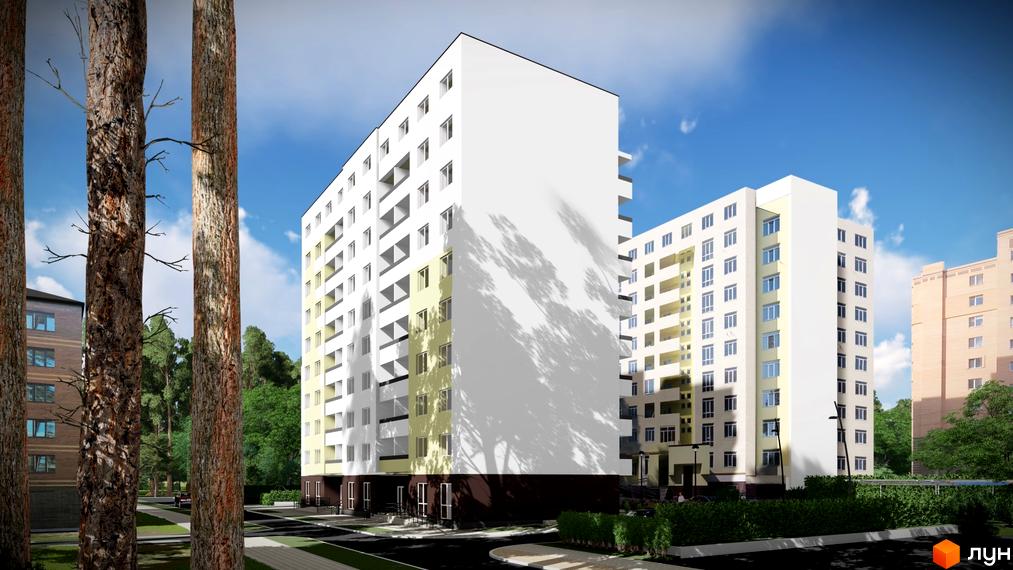 Житловий комплекс Жасмін: білі багатоповерхові будинки з жовтими елементами та балконами. Навколо зелені насадження та дерева.