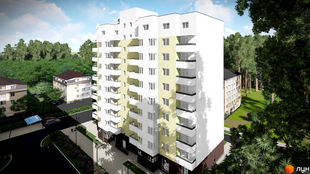 Житловий комплекс Жасмін - багатоповерховий будинок з балконами та світлим фасадом. Навколо будинку зелена територія з деревами та доріжками.