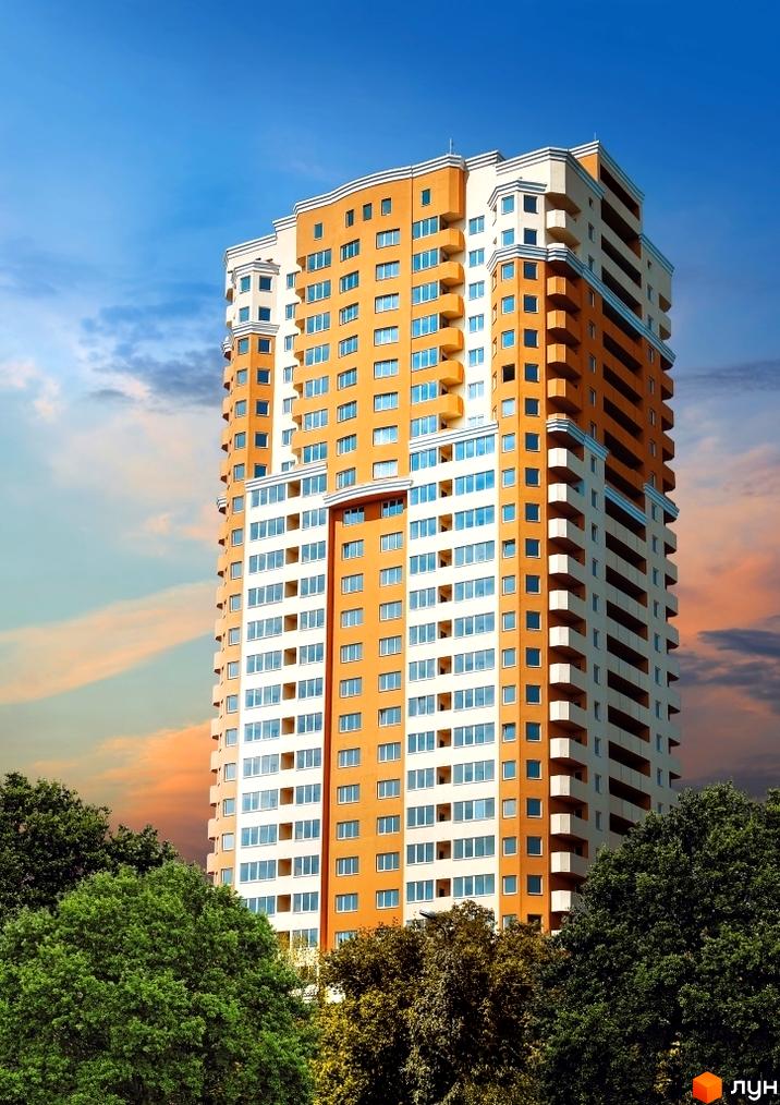 Висотна новобудова ЖК Solo Park з помаранчевим фасадом на тлі неба. Навколо будинку зелені дерева.