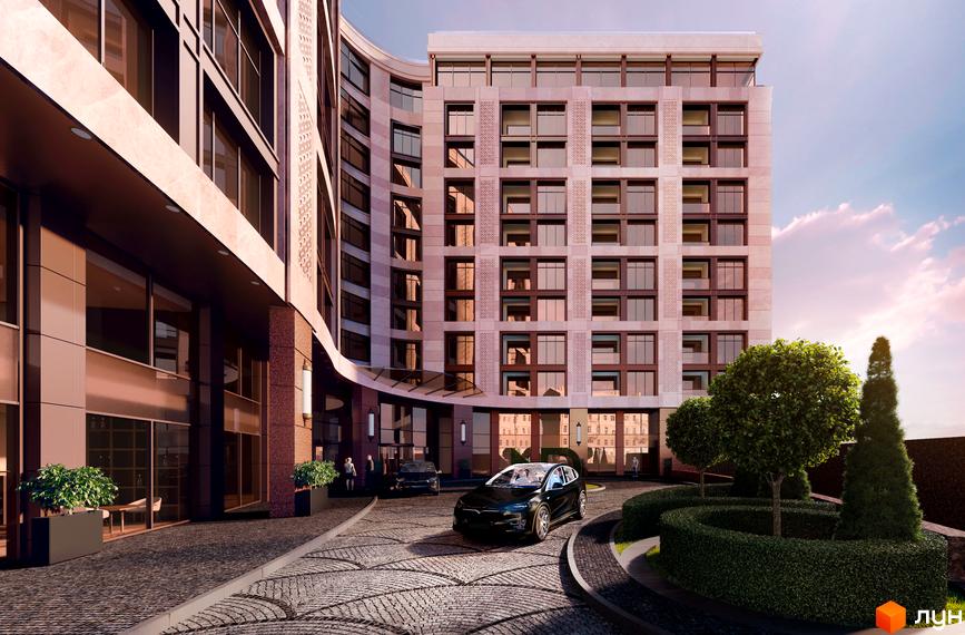 Linden Luxury Residences - фасади будинку з великою кількістю вікон та прибудинкова територія з доглянутими деревами та кущами. В'їзд до комплексу з бруківкою.