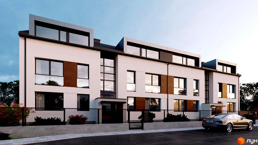 Будівельний проєкт Lin House - сучасна триповерхова новобудова білого кольору з коричневими вставками та великими вікнами. Перед будинком розташована огорожа та прибудинкова територія з деревами.