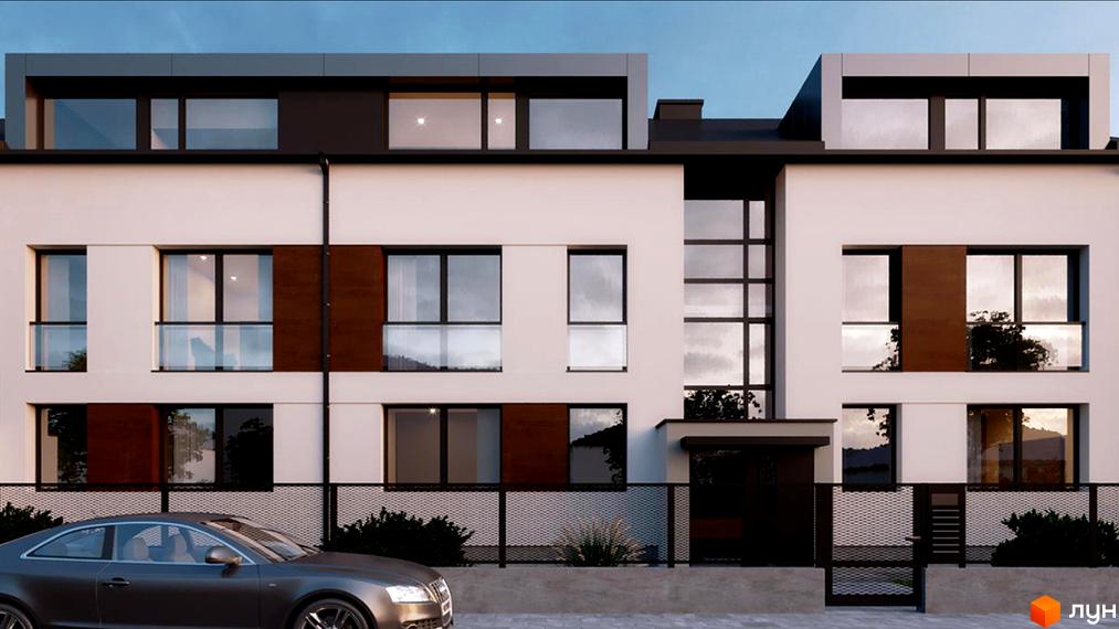 Зображення фасаду будинку ЖК Lin House з білими стінами, великими вікнами та огорожею. На передньому плані припаркований автомобіль.