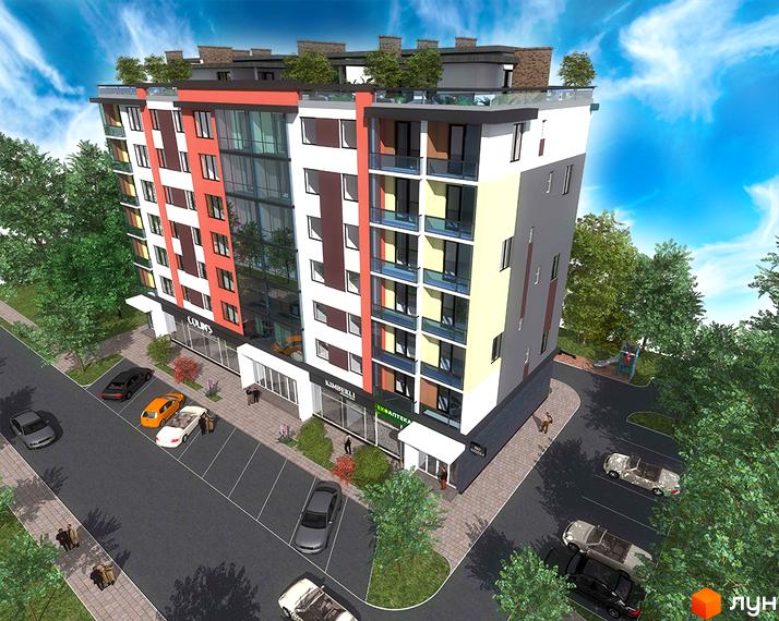 Зовнішній вигляд новобудови ЖК Тетріс з фасадами білого, червоного та жовтого кольорів. На прибудинковій території розташовані дерева, парковка та дитячий майданчик.