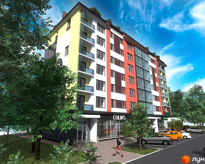 Житловий комплекс Тетріс - фасади будинку з червоною та жовтою обробкою, скляними балконами, на тлі блакитного неба. Прибудинкова територія з деревами та автомобілями.