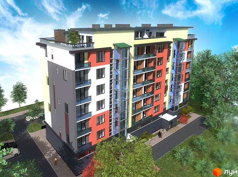 Зовнішній вигляд новобудови ЖК Тетріс з фасадами в червоних та білих тонах, скляними балконами та ліфтовими шахтами. Навколо будинку зелені дерева та доглянута прибудинкова територія з доріжками та автомобілями.