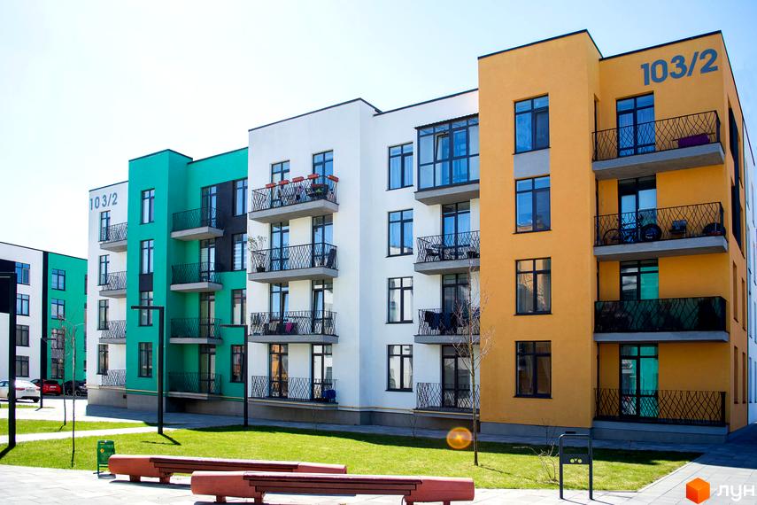 Житловий комплекс Європейка. Багатоповерхові будинки з яскравими фасадами та балконами. Прибудинкова територія з газоном та лавками.