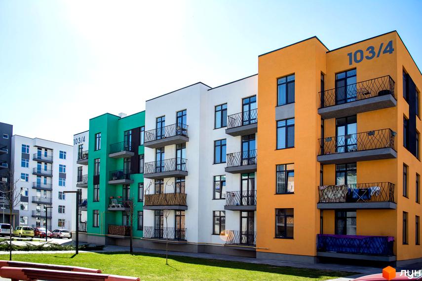 Яскраві фасади житлового комплексу Європейка. Сучасні будинки з балконами та вікнами на тлі блакитного неба. Прибудинкова територія з газоном та лавками.