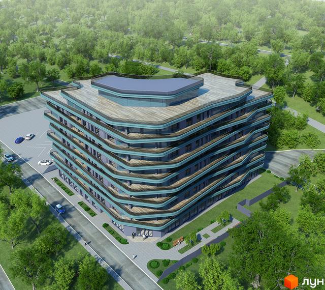 Висотна новобудова ЖК Graf з панорамними вікнами та терасами, поруч зелені насадження та парковка для авто.