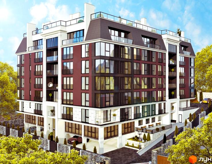 Новобудова ЖК Headwell з червоно-коричневим фасадом та великою кількістю вікон. На прибудинковій території розташовані дерева та паркомісця.