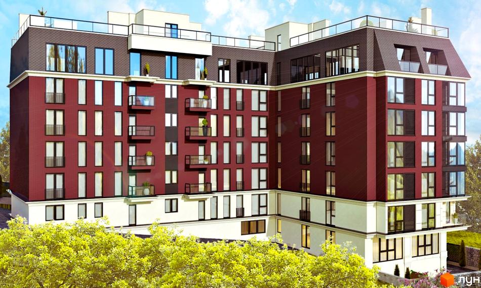 Зовнішній вигляд новобудови ЖК Headwell з червоною цегляною фасадною частиною та великими вікнами. Навколо будинку зелені дерева та облаштована територія.