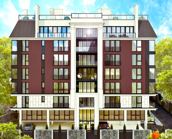 Сучасний житловий комплекс Headwell з цегляним фасадом та великими вікнами. Навколо будинку зелені дерева та огороджена територія.