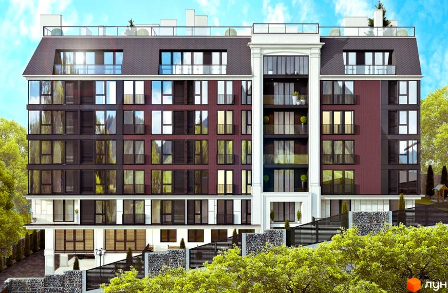 Фасад житлового комплексу Headwell з великими вікнами та балконами, оточений зеленню. Навколо будинку розташований паркан та елементи ландшафтного дизайну.