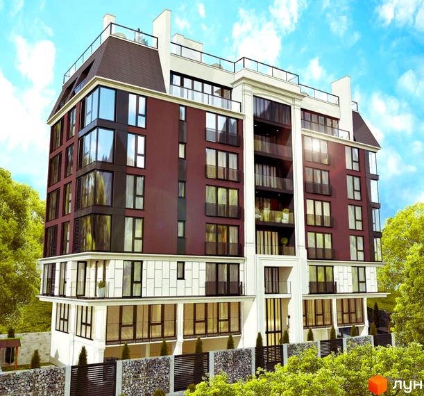 Будівельний проєкт Headwell – це багатоповерхова новобудова з червоною цегляною облицовкою та великими вікнами. Територія навколо будинку огороджена кам'яною стіною та озеленена деревами.