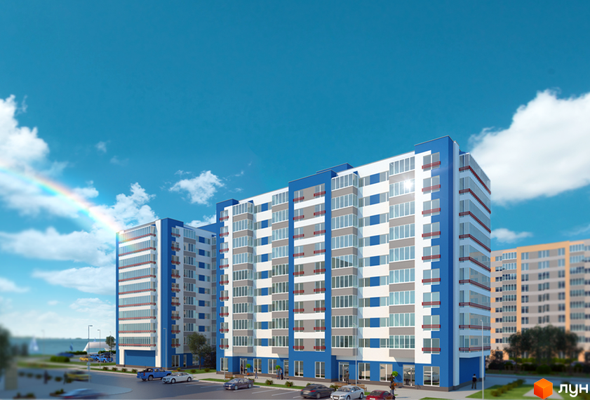 Житловий комплекс Перлина Черкас – це сучасна новобудова з яскравим фасадом, що складається з кількох секцій, розташованих біля водойми.