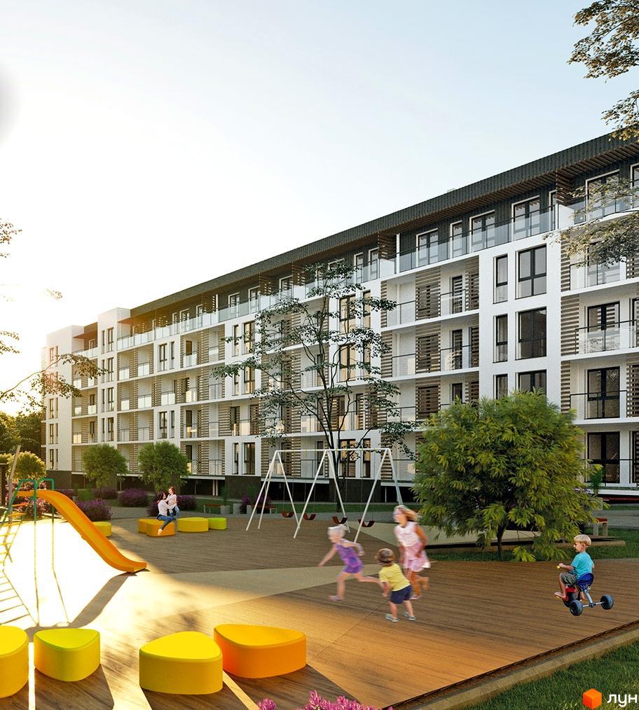 Житловий комплекс Еко-дім на Надійній з дитячим майданчиком. Багатоповерховий будинок білого кольору з великими вікнами та балконами. На території є гойдалки, гірка та лавки.