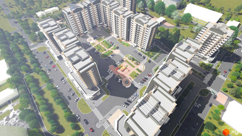 Житловий комплекс Графський з багатоповерховими будинками світлих відтінків. На території розташовані зелені зони, дитячий майданчик, парковки та дороги.