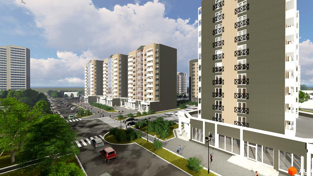 Житловий комплекс Графський: багатоповерхові будинки з бежевими та сірими фасадами, балконами. Прибудинкова територія з дорогами, парковками та зеленими зонами.