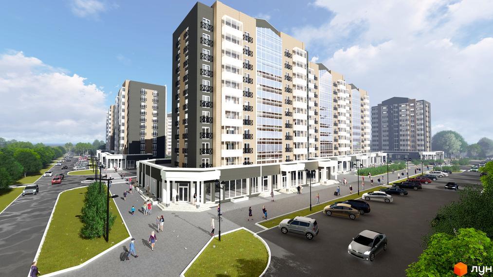 Новобудова Графський: багатоповерхові будинки бежево-сірого кольору з великими вікнами. Навколо облаштована територія з парковками та зеленню.