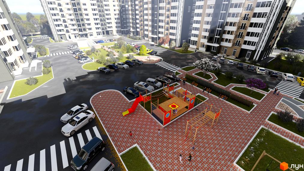 Багатоповерхові будинки Житлового комплексу Графський з балконами та контрастними фасадами. Прибудинкова територія має дитячий майданчик, зелені зони та парковку.