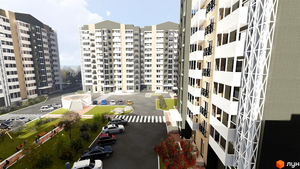 Зображення житлового комплексу Графський з багатоповерховими будинками світлих та темних відтінків. Прибудинкова територія має зелені насадження, дитячий майданчик та парковку.