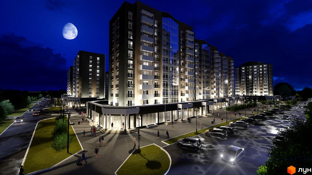 Багатоповерхові будинки Житлового комплексу Графський з освітленими вікнами та балконами. Прибудинкова територія має парковку, пішохідні зони та озеленення.