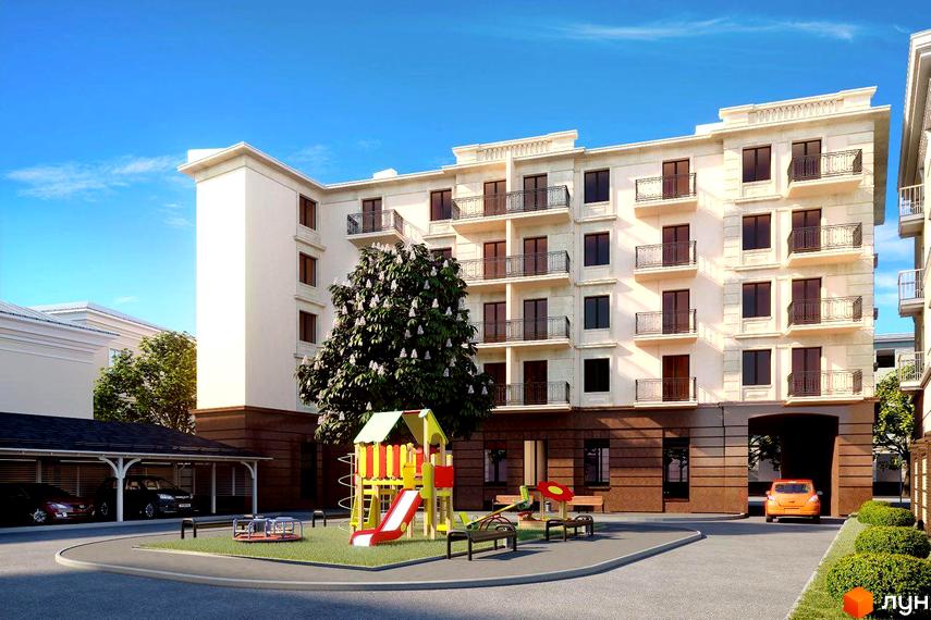 Зображення фасаду та прибудинкової території Житлового комплексу Будинок на Приморській. На території є дитячий майданчик.