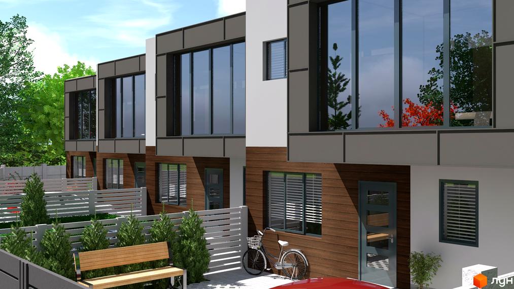 Зображення таунхаусів у Житловому комплексі GreenLife з великими вікнами та дерев'яним оздобленням. На передньому плані зелені насадження та лавка.