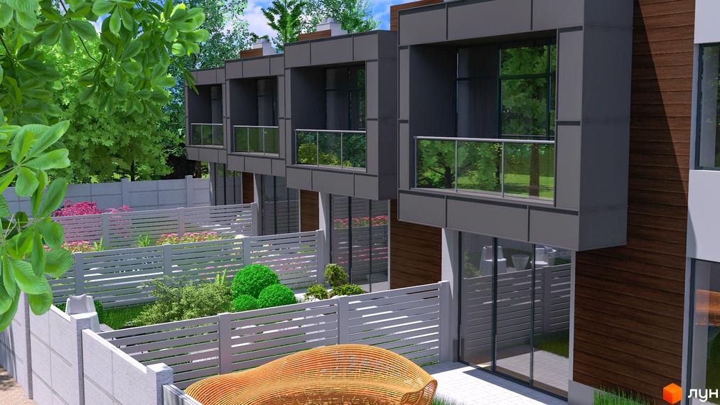 Зображення таунхаусів у Житловому комплексі GreenLife з балконами та прибудинковою територією з ландшафтним дизайном.