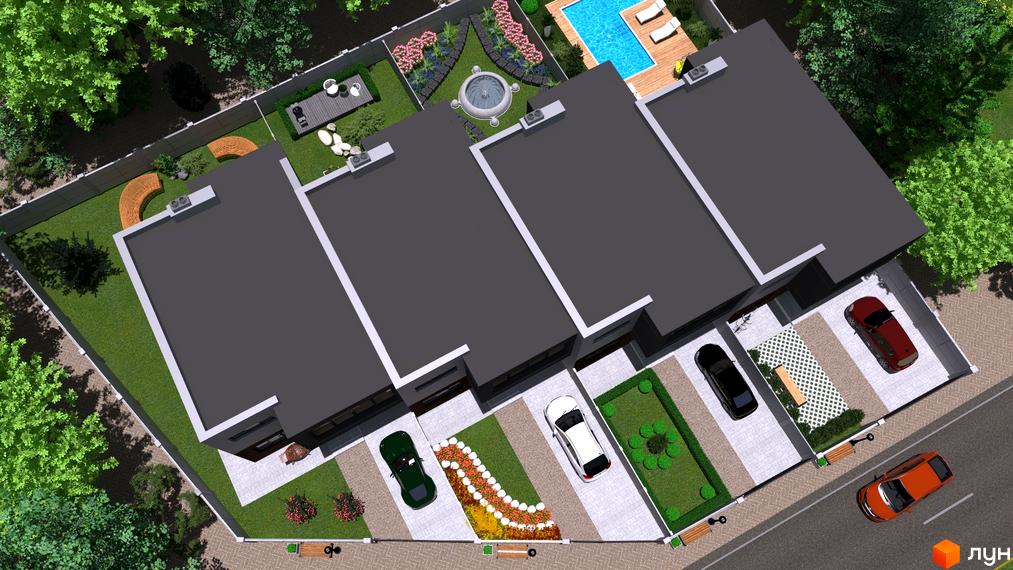 Зображення таунхаусів GreenLife з виглядом зверху, де видно прибудинкову територію з басейном, газоном та парковкою.