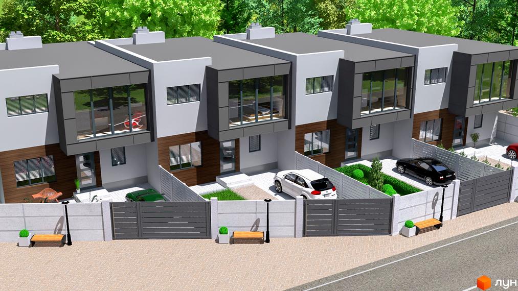 Зображення таунхаусів GreenLife з двома поверхами, великими вікнами та прибудинковою територією з парковкою та зеленими насадженнями.