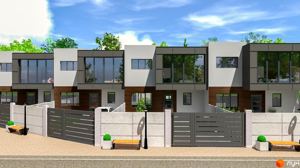 Таунхауси GreenLife з великими вікнами та дерев'яними елементами фасаду. Прибудинкова територія з бетонним парканом, воротами та лавками.